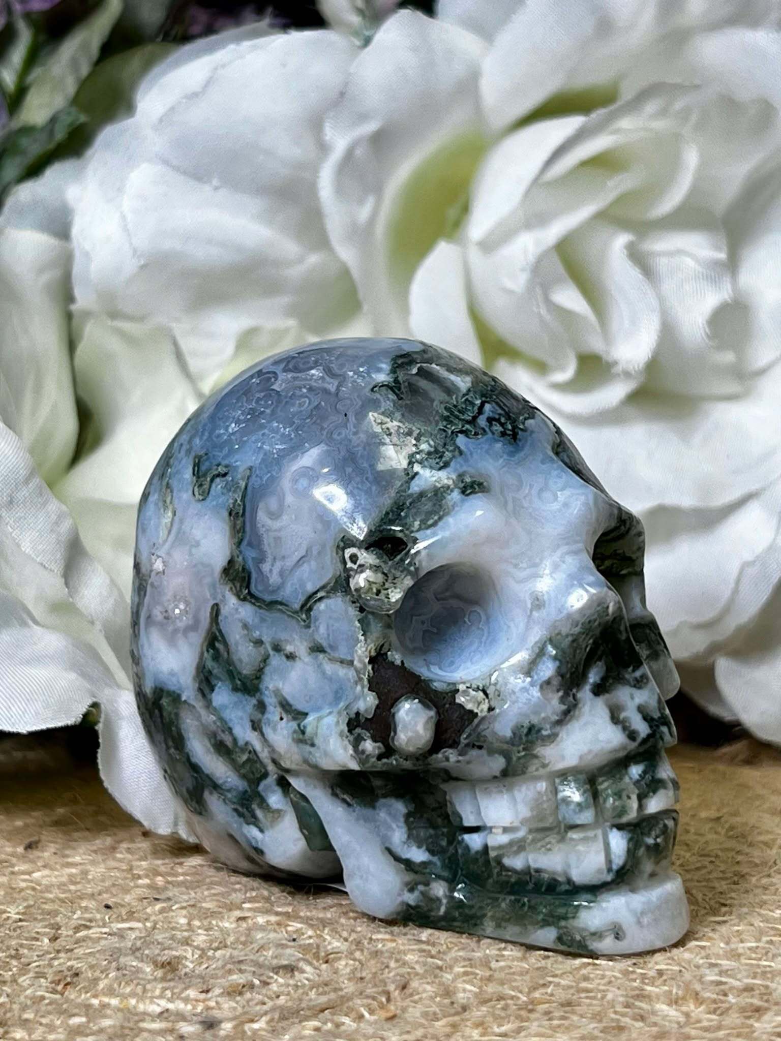 Beautiful Moss Agate Skull Carving with small discount Druzy